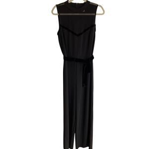 Black Sheer Panel Velvet Trim Straight Leg Jumpsuit Size 12 Office Siren Career